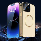 Dobbeltsidet hærdet glas + magnetisk metalramme Anti-Drop Case til iPhone 15 Kompatibel med MagSafe Phone Cover med spændelås - Sølv