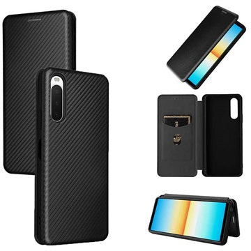 Sony Xperia 10 IV Flip Cover med Kortholder - Karbonfiber - Sort
