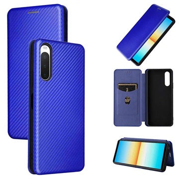 Sony Xperia 10 IV Flip Cover med Kortholder - Karbonfiber - Blå