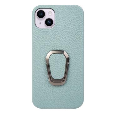 iPhone 14 Plus Læder Belagt Cover med Ring Holder - Cyan