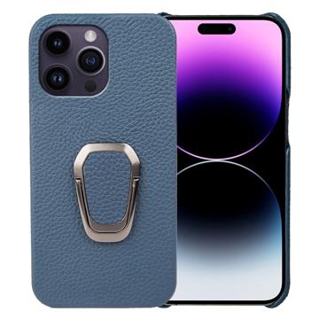 iPhone 14 Pro Max Læder Belagt Cover med Ring Holder - Blå