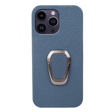 iPhone 14 Pro Max Læder Belagt Cover med Ring Holder - Blå