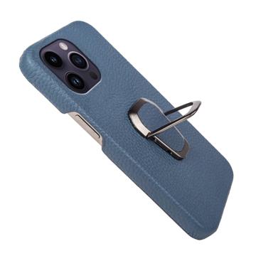 iPhone 14 Pro Max Læder Belagt Cover med Ring Holder - Blå