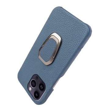iPhone 14 Pro Max Læder Belagt Cover med Ring Holder - Blå