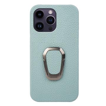 iPhone 14 Pro Max Læder Belagt Cover med Ring Holder - Cyan