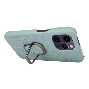 iPhone 14 Pro Max Læder Belagt Cover med Ring Holder - Cyan