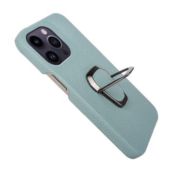 iPhone 14 Pro Max Læder Belagt Cover med Ring Holder - Cyan