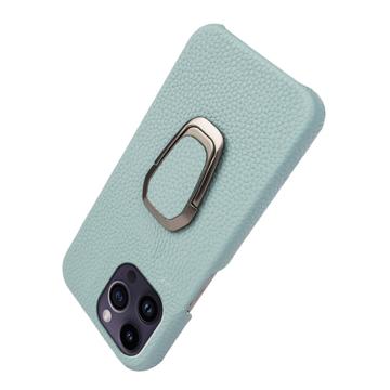 iPhone 14 Pro Max Læder Belagt Cover med Ring Holder - Cyan