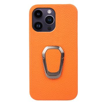 iPhone 14 Pro Max Læder Belagt Cover med Ring Holder - Gul