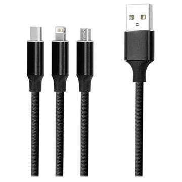 Forever 3-i-1 Flettet USB Ladekabel - 1.2m - Sort