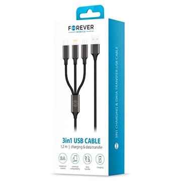 Forever 3-i-1 Flettet USB Ladekabel - 1.2m - Sort