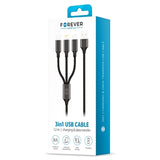 Forever 3-i-1 Flettet USB Ladekabel - 1.2m - Sort