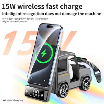 G63 bilformet 15W trådløs oplader med Bluetooth-højttaler, ur og stemningslys - orange