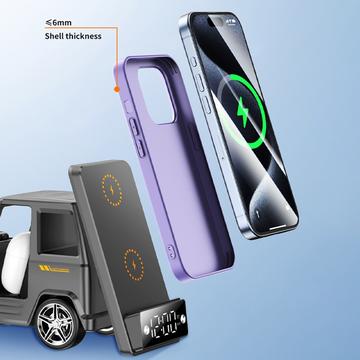 G63 bilformet 15W trådløs oplader med Bluetooth-højttaler, ur og stemningslys - orange