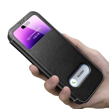 Dual View iPhone 14 Pro Max Flip Lædercover - Sort