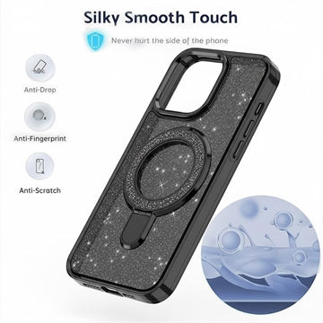 iPhone 15 Glitter Hybrid cover med kickstand - MagSafe-kompatibel - Sort