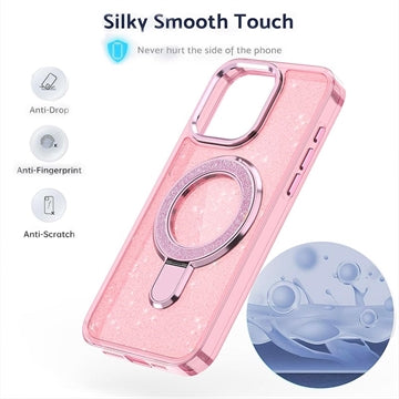 iPhone 15 Glitter Hybrid Cover med Kickstand - MagSafe-kompatibel - Pink