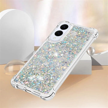 Samsung Galaxy S25 Edge Glitter Quicksand TPU Cover - Sølv hjerter