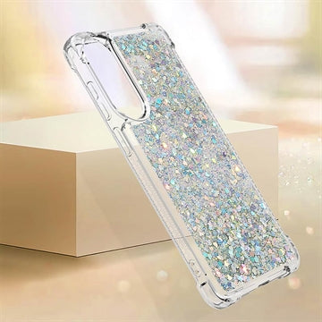 Samsung Galaxy S25 Edge Glitter Quicksand TPU Cover - Sølv hjerter