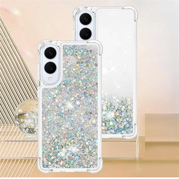 Samsung Galaxy S25 Edge Glitter Quicksand TPU Cover - Sølv hjerter