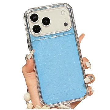 iPhone 17 Pro Glitter stødsikkert hybrid cover med håndledsrem - Blå