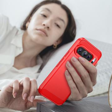 Google Pixel 9/9 Pro Børstet TPU Cover - Karbonfiber - Rød