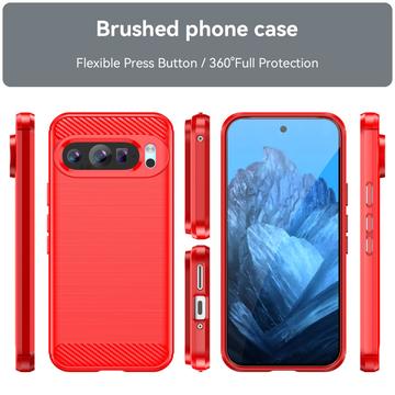 Google Pixel 9/9 Pro Børstet TPU Cover - Karbonfiber - Rød