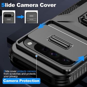 Google Pixel 9 Pro XL Roterende Ring Hybrid Cover med Kameraskjold - Sort