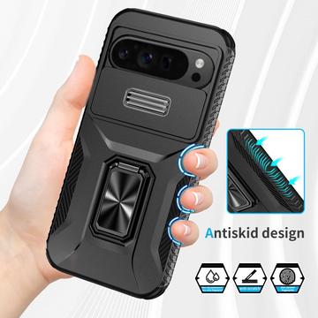 Google Pixel 9 Pro XL Roterende Ring Hybrid Cover med Kameraskjold - Sort
