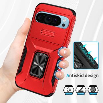 Google Pixel 9/9 Pro Roterende Ring Hybrid Cover med Kameraskjold - Rød