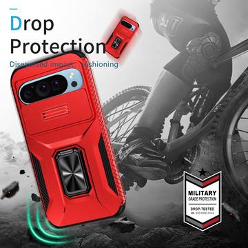 Google Pixel 9/9 Pro Roterende Ring Hybrid Cover med Kameraskjold - Rød