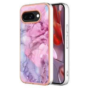 Google Pixel 9a Marmormønster Galvaniseret IMD TPU Cover - Blå / Pink