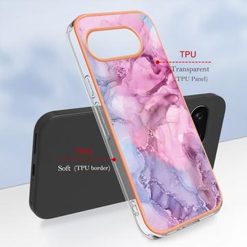 Google Pixel 9a Marmormønster Galvaniseret IMD TPU Cover - Blå / Pink