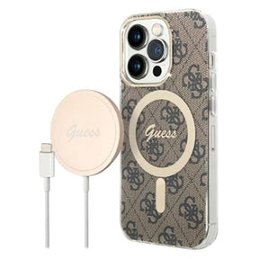 Guess 4G Edition Bundle Pack iPhone 14 Pro Max Cover & Trådløs Oplader - Brun
