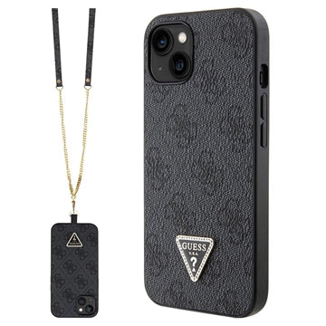 iPhone 15 Guess 4G Strass Triangle Metal Logo Cover med Crossbody Rem - Sort
