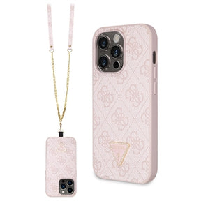 iPhone 15 Pro Max Guess 4G Strass Triangle Metal Logo Cover med Crossbody Rem - Pink