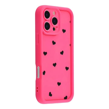 iPhone 16 Pro Max stødsikkert TPU-cover med hjertemønster og forhøjede kanter - Hot Pink