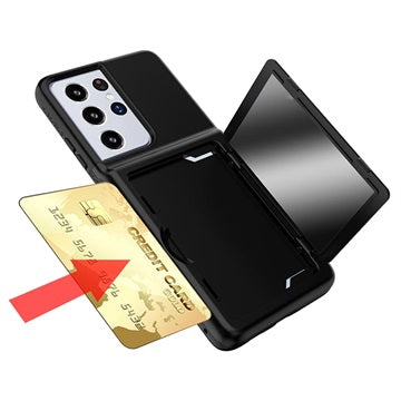 Samsung Galaxy S21 Ultra 5G Hybrid Cover med Spejl og Kortholder - Sort