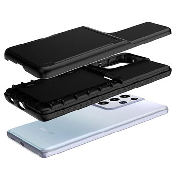 Samsung Galaxy S21 Ultra 5G Hybrid Cover med Spejl og Kortholder - Sort