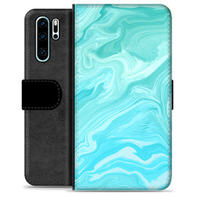 Huawei P30 Pro Premium Flip Cover med Pung - Blå Marmor