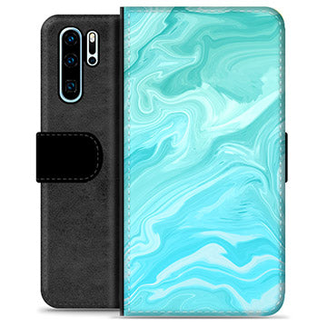 Huawei P30 Pro Premium Flip Cover med Pung - Blå Marmor