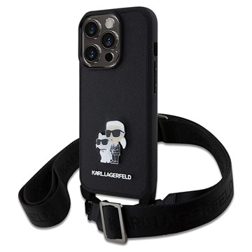 iPhone 15 Pro Karl Lagerfeld Saffiano Crossbody Metal Karl & Choupette Cover - Sort