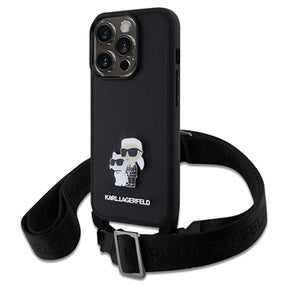 iPhone 15 Pro Karl Lagerfeld Saffiano Crossbody Metal Karl & Choupette Cover - Sort