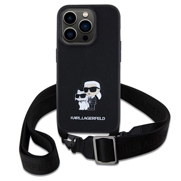 iPhone 15 Pro Karl Lagerfeld Saffiano Crossbody Metal Karl & Choupette Cover - Sort