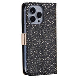 iPhone 16 Pro Lace Pattern Etui med Pung - Sort