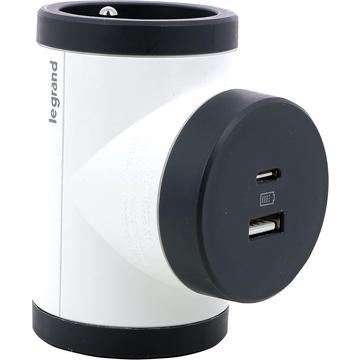 Legrand 049437 Roterende bi-stik med 2x side 2P+T-udtag & USB-A/USB-C - hvid / mørkegrå