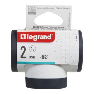 Legrand 049437 Roterende bi-stik med 2x side 2P+T-udtag & USB-A/USB-C - hvid / mørkegrå