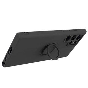 Samsung Galaxy S22 Ultra 5G Liquid Silikone Cover med Ring Holder - Sort