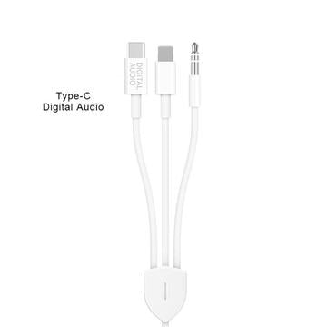 MH045S 3-i-1 AUX Bilkabel – USB-C, Lightning & 3.5mm Jack – Hvid