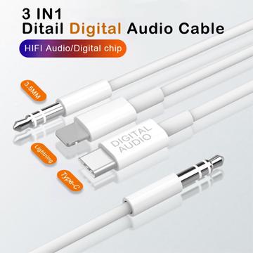 MH045S 3-i-1 AUX Bilkabel – USB-C, Lightning & 3.5mm Jack – Hvid